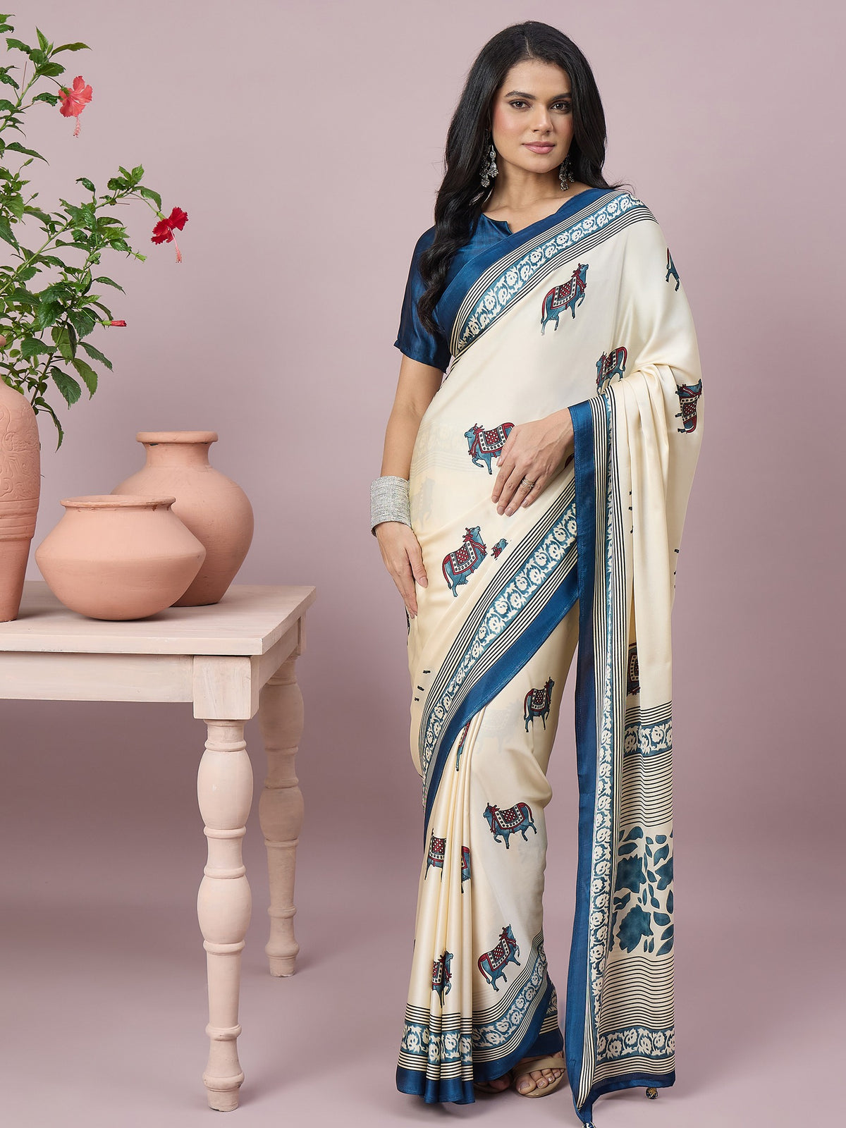 Off White pichwai satin saree with teal blue blouse piece