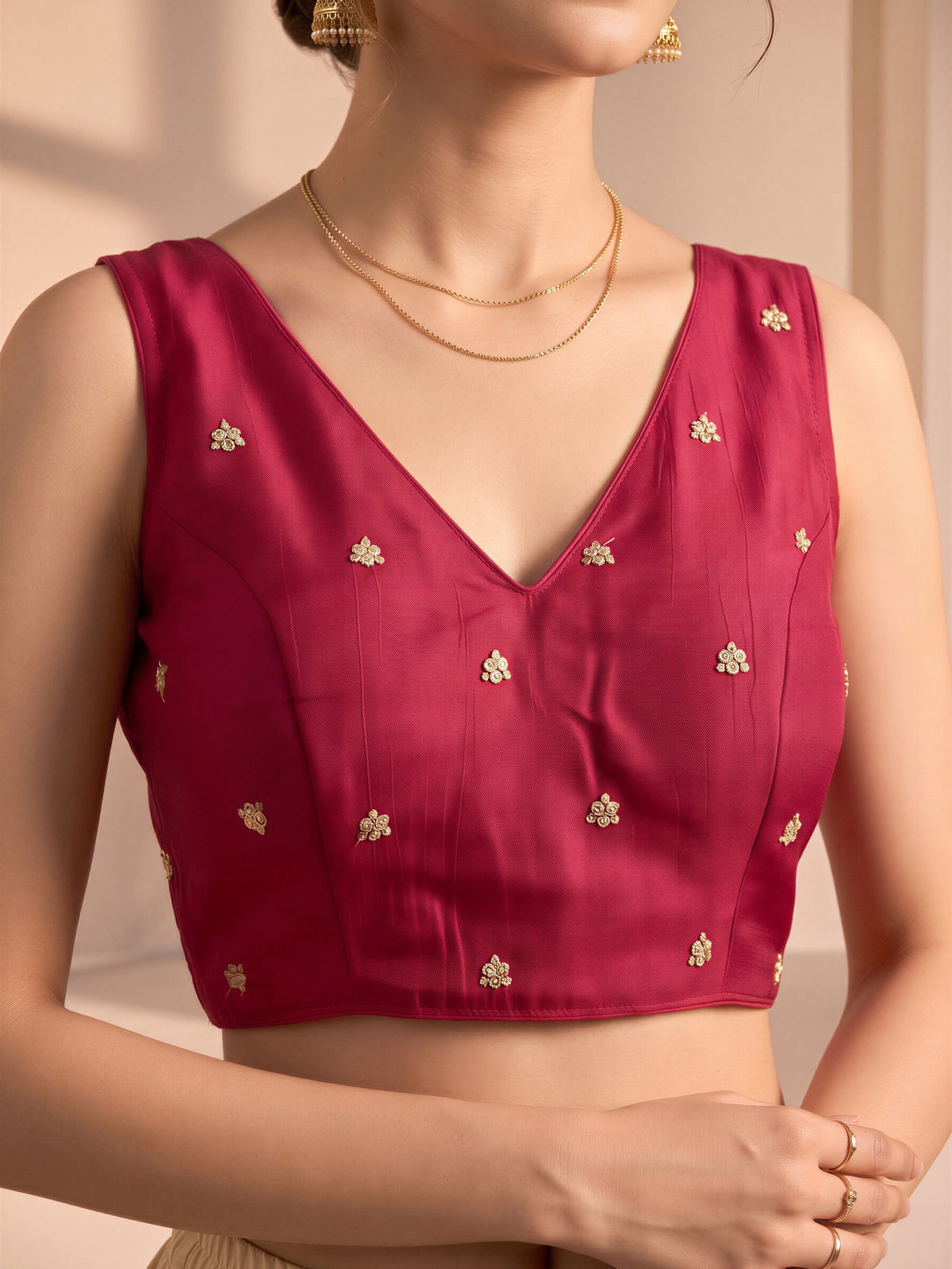 Red sequin embellished vichitra silk sleeveless readymade saree blouse with v neck view 4