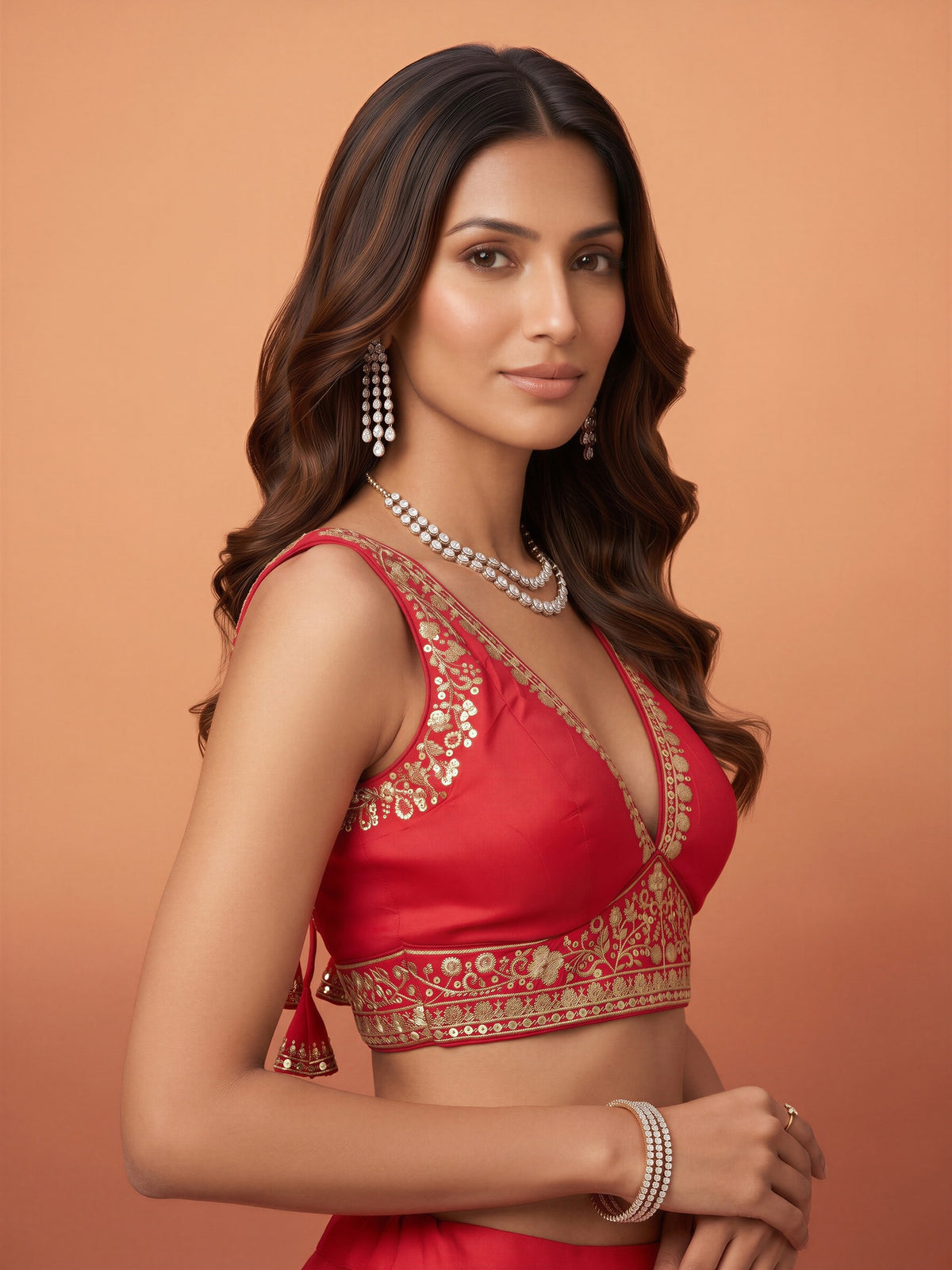 Pink sequin embellished silk blend sleeveless readymade saree blouse with deep v neck view 2