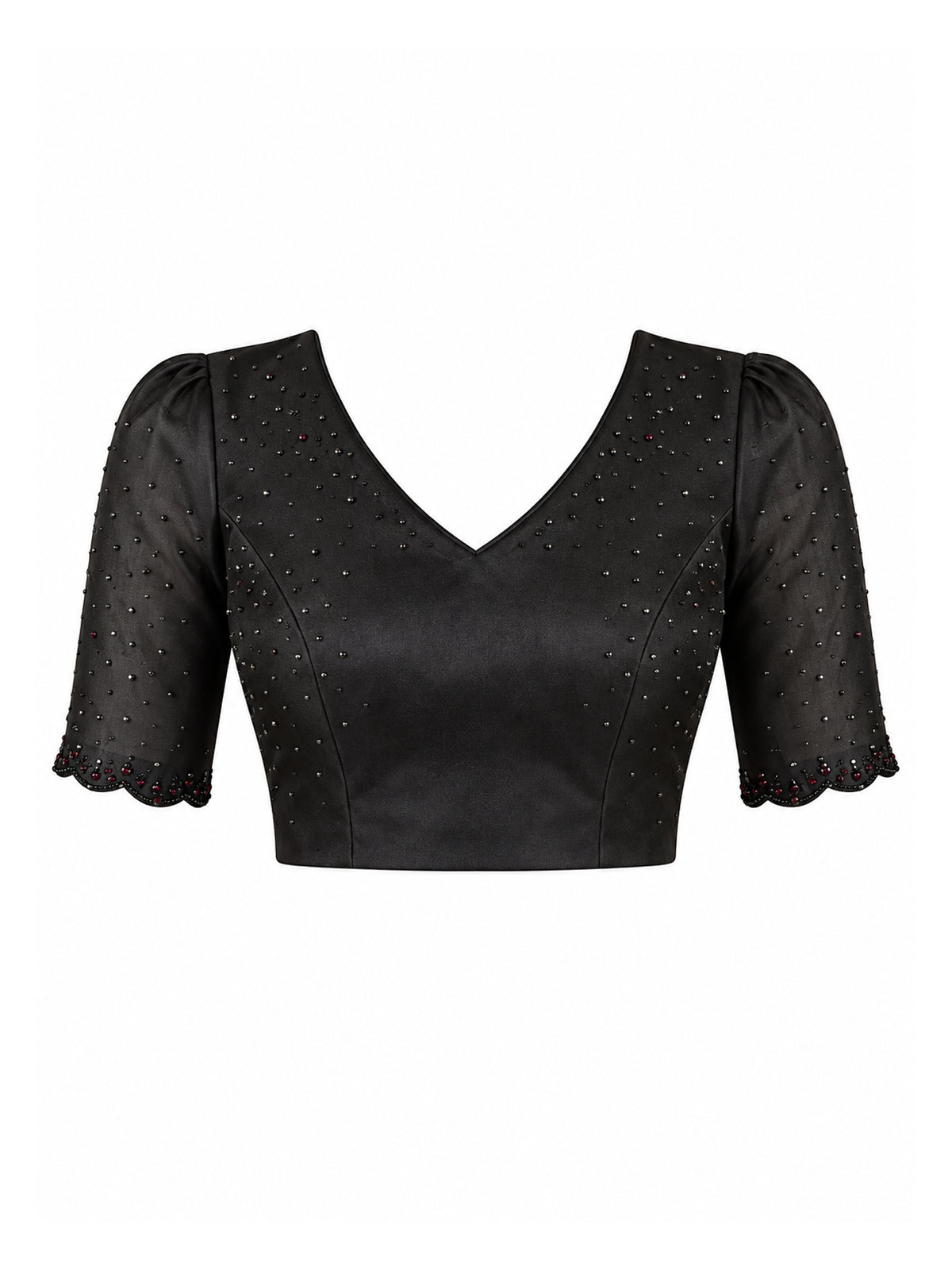 Unstitched black satin silk blouse piece with embellished design