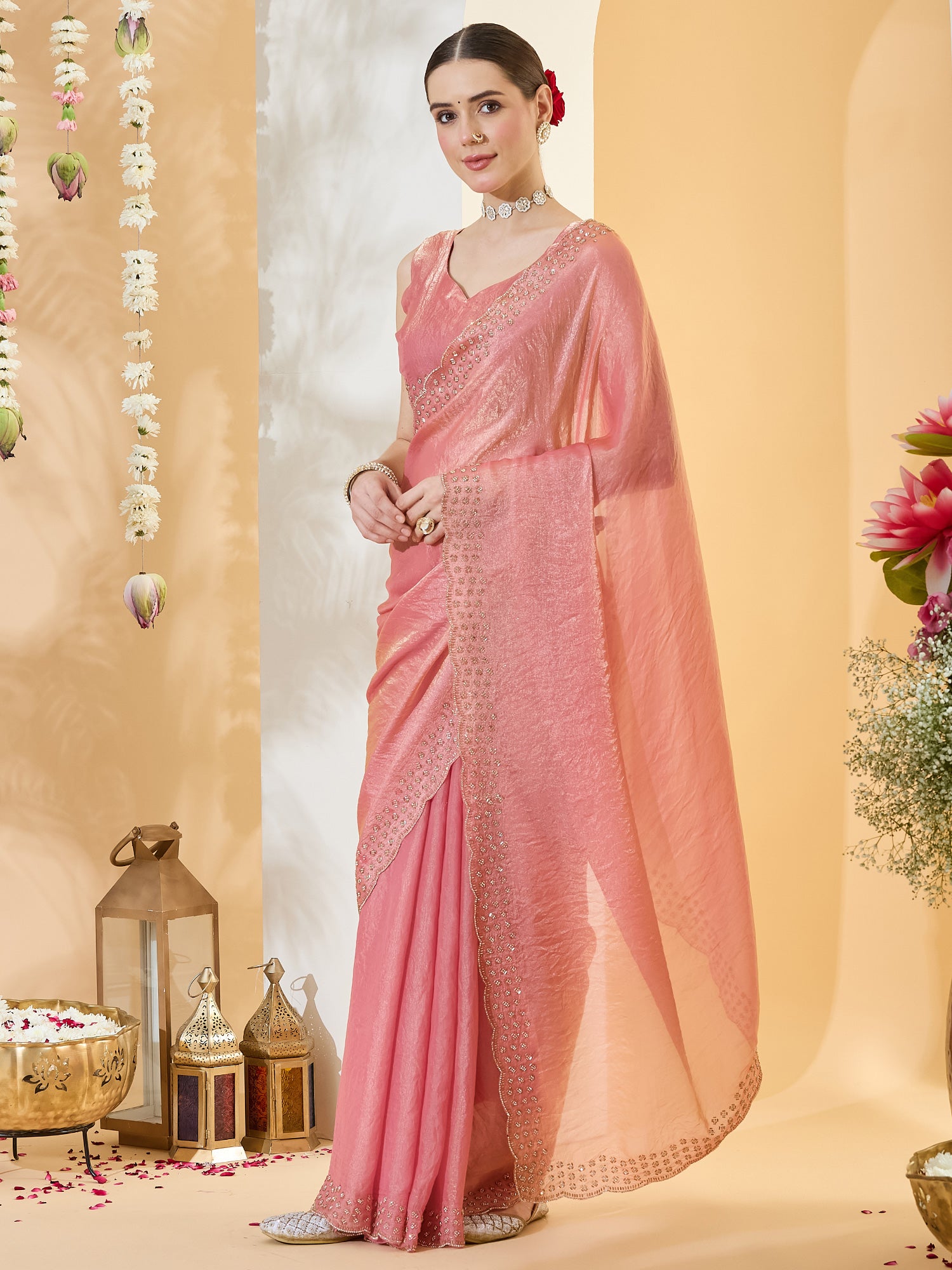 Peach Satin saree – detail view 2