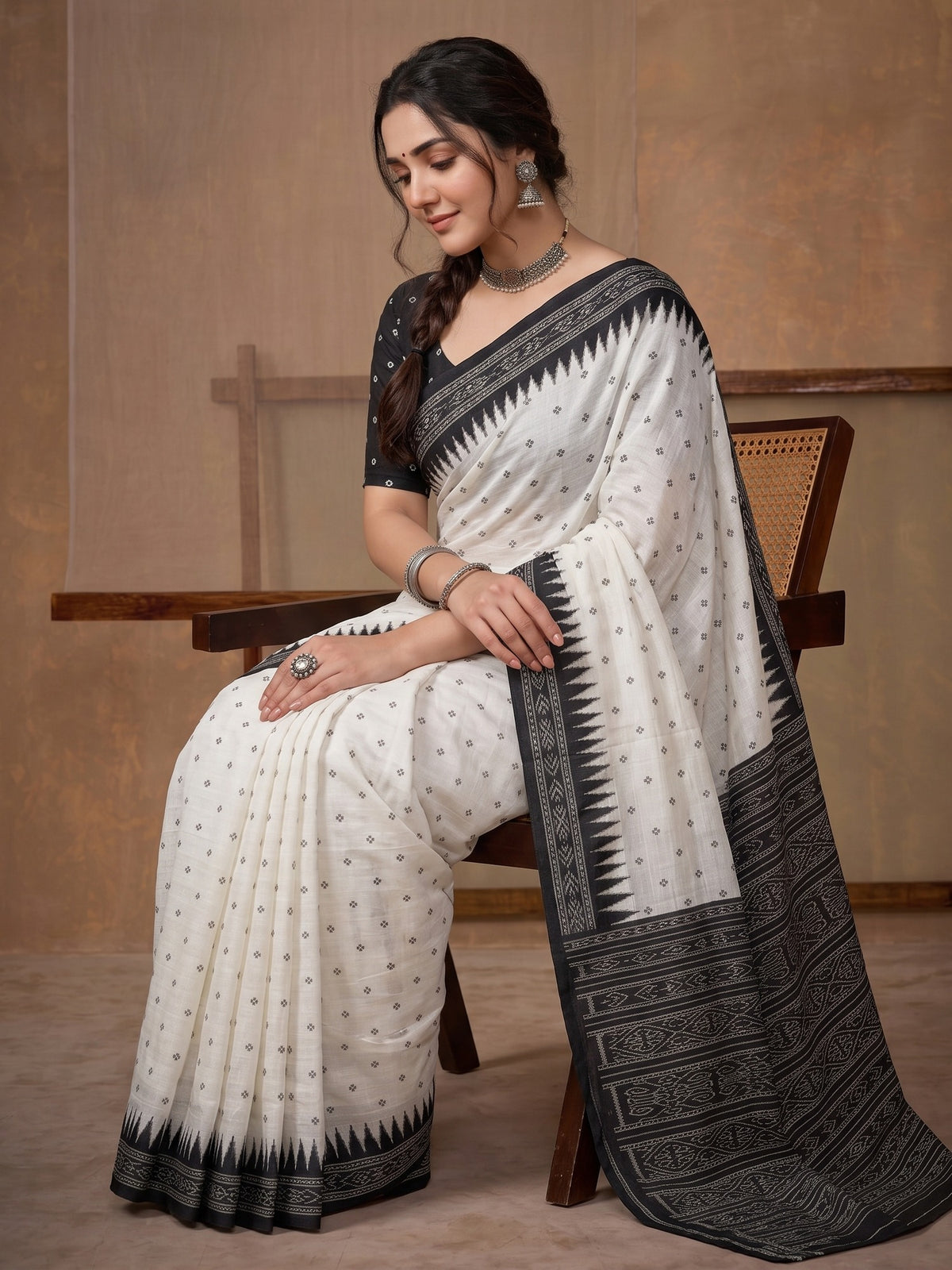 Off White tussar silk saree view 1