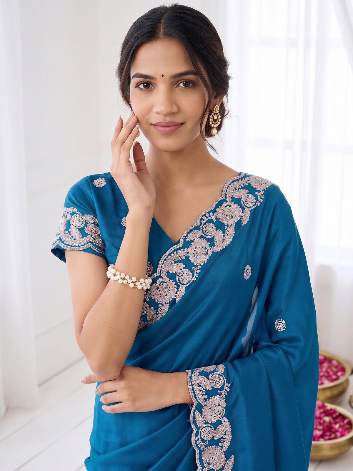 Teal Blue Satin saree – detail view 4