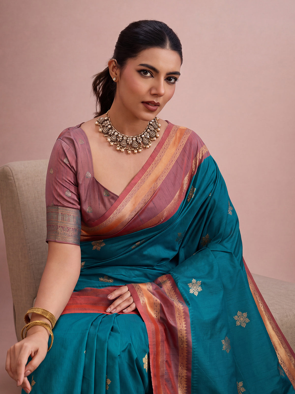 Teal Blue Tussar Silk saree – detail view 3