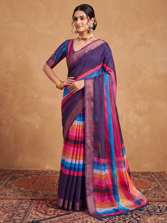 Woman wearing purple linen saree with colorblocked design and multicolored blouse