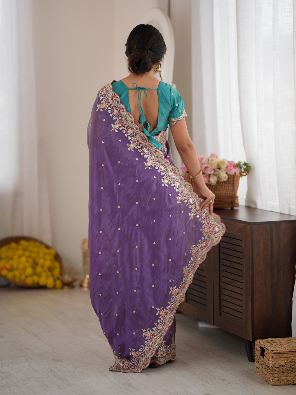 Lavender Satin saree – detail view 3