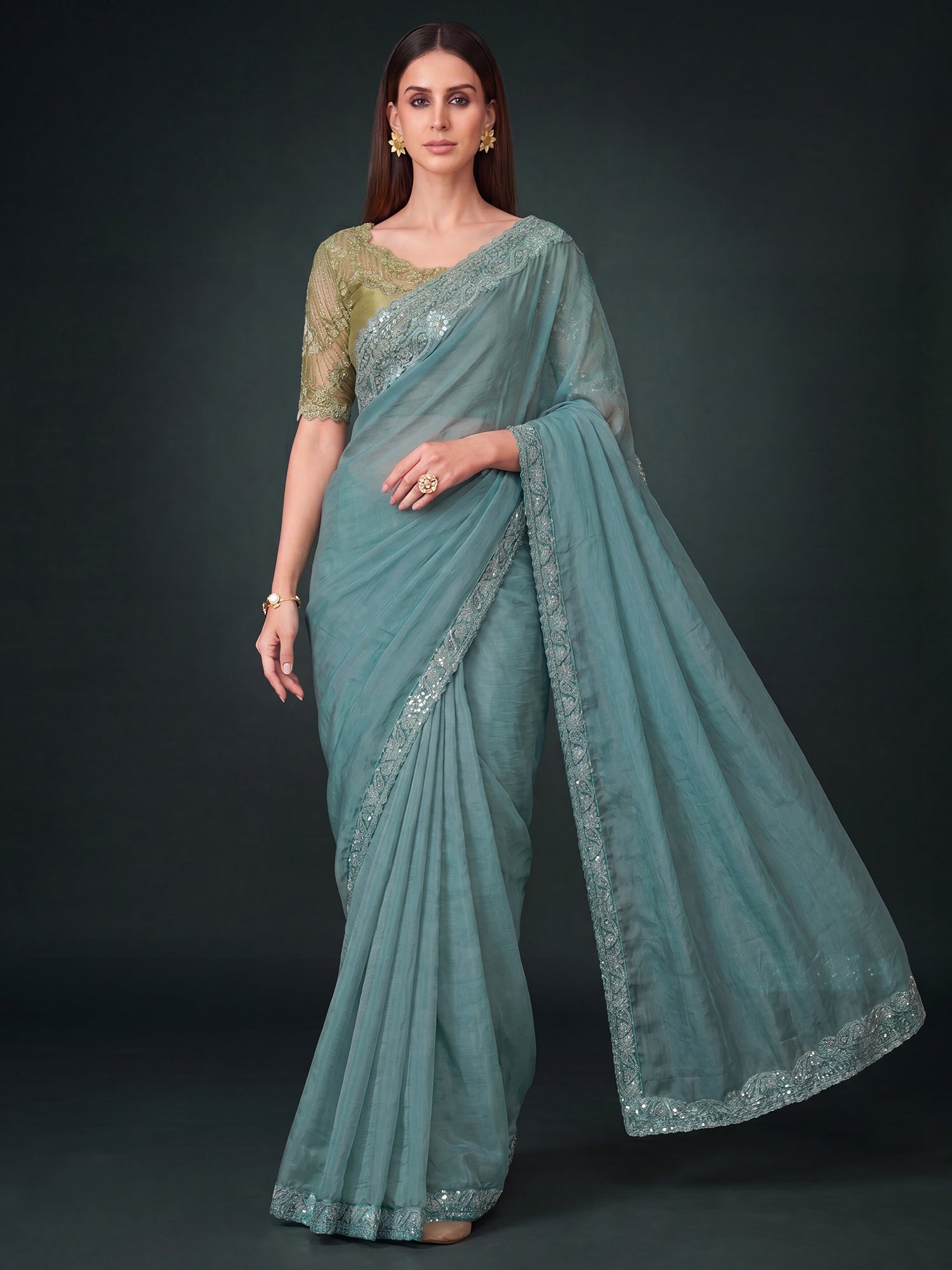 Turquoise Pure Georgette saree – detail view 3
