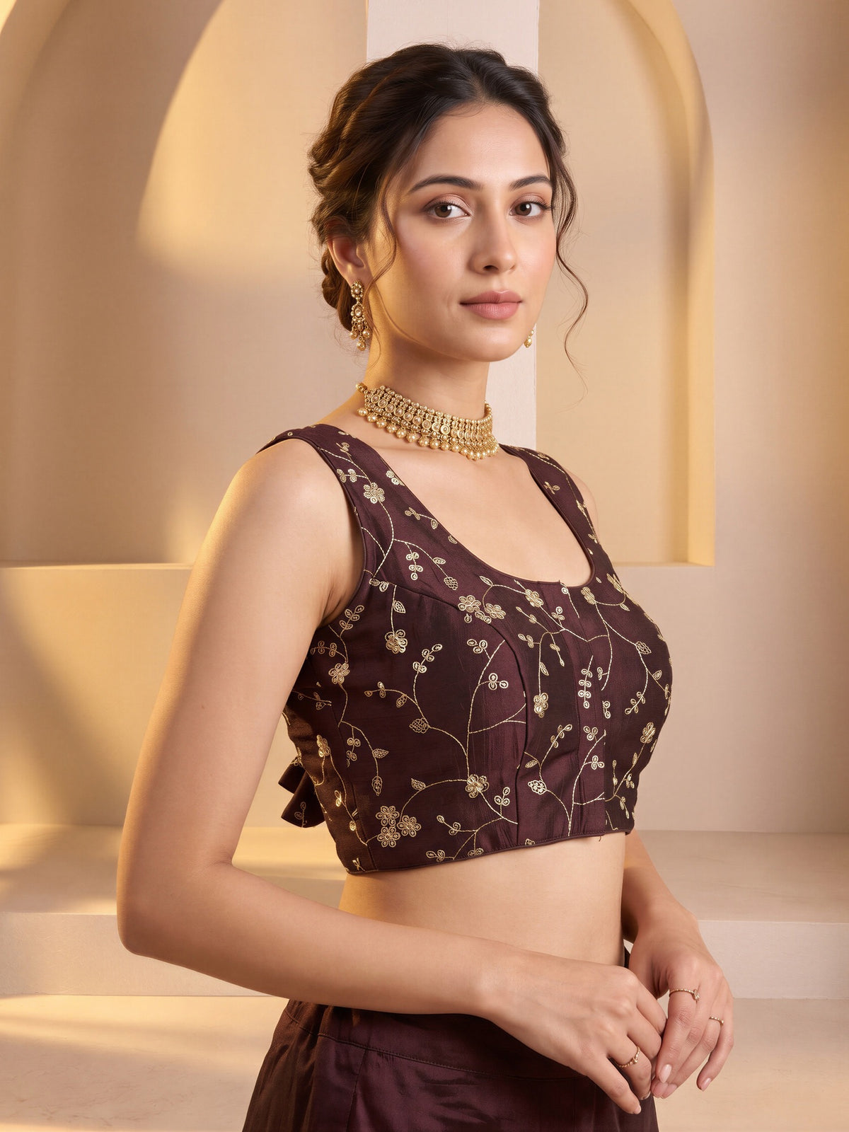 Dark Brown sequin embroidered vichitra silk sleeveless readymade saree blouse with round neck