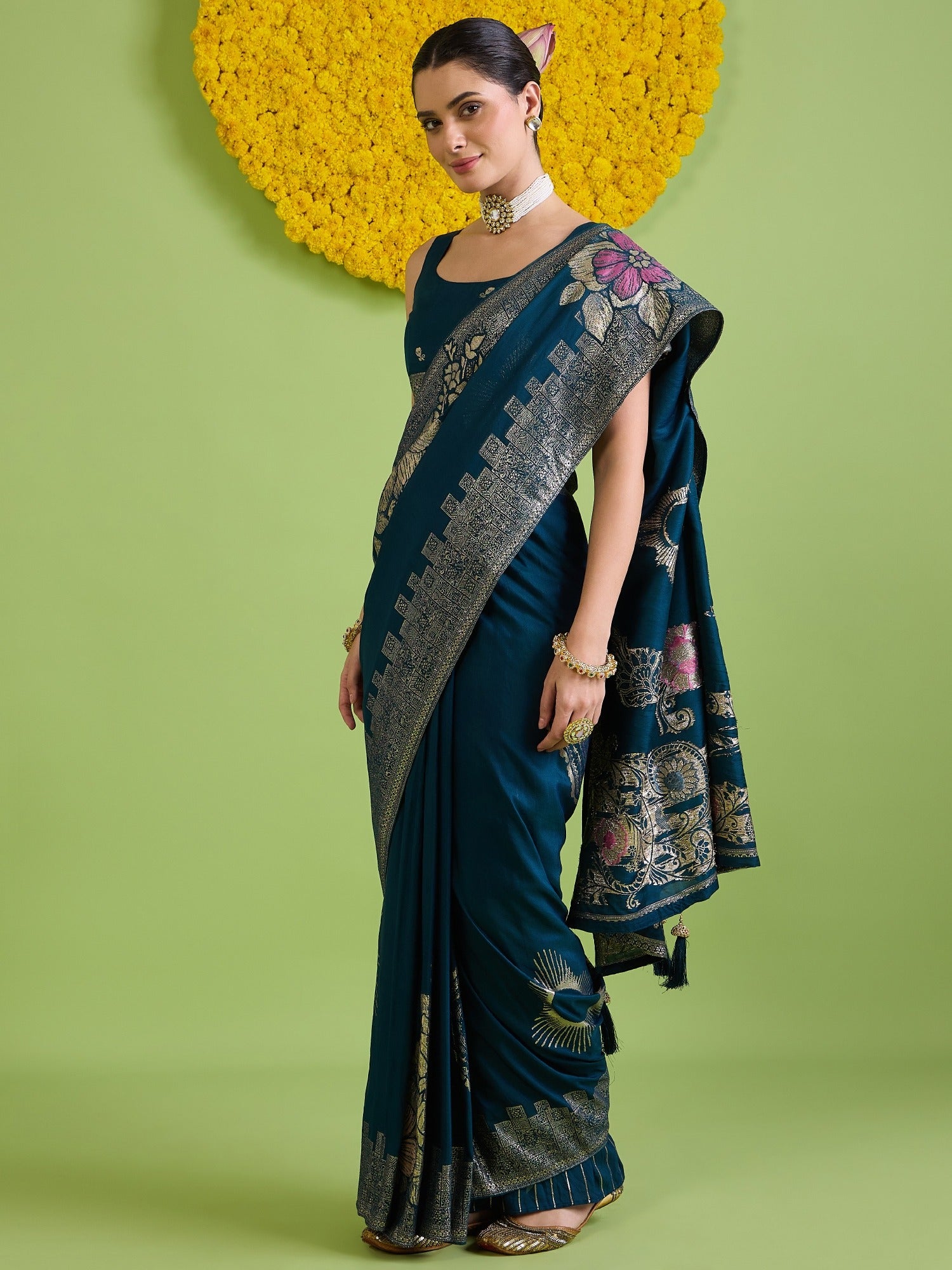 Teal Blue Silk Blend saree – detail view 2