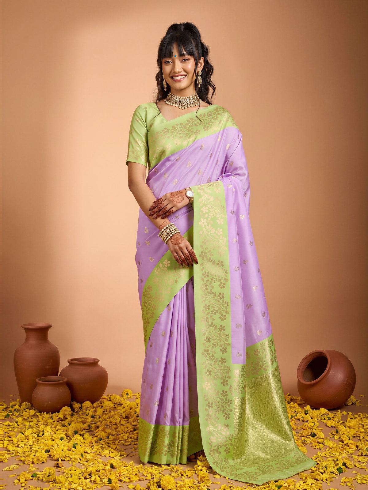 Woman wearing purple cotton blend saree with all-over floral design and sea green blouse