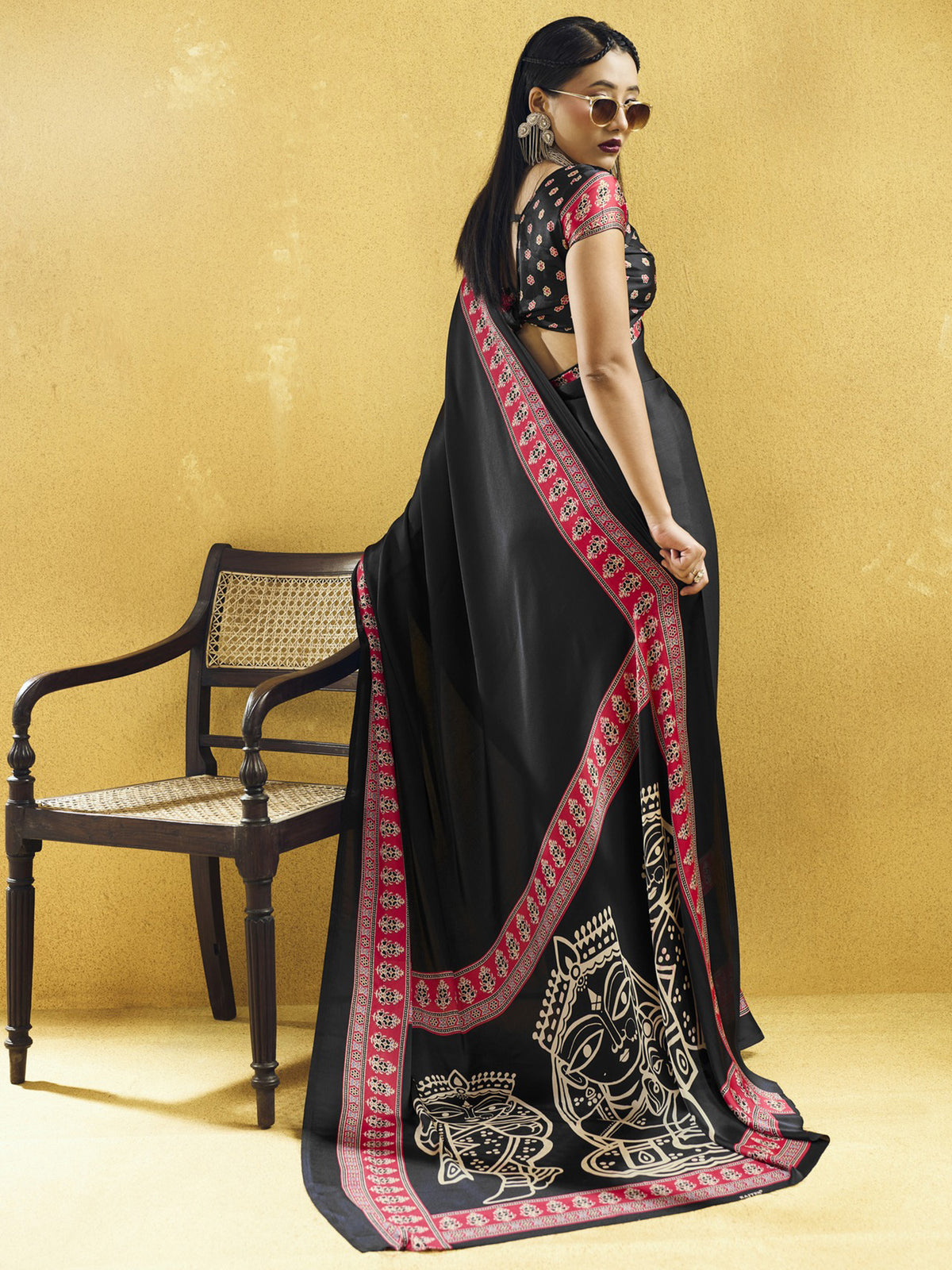 Black satin saree view 3