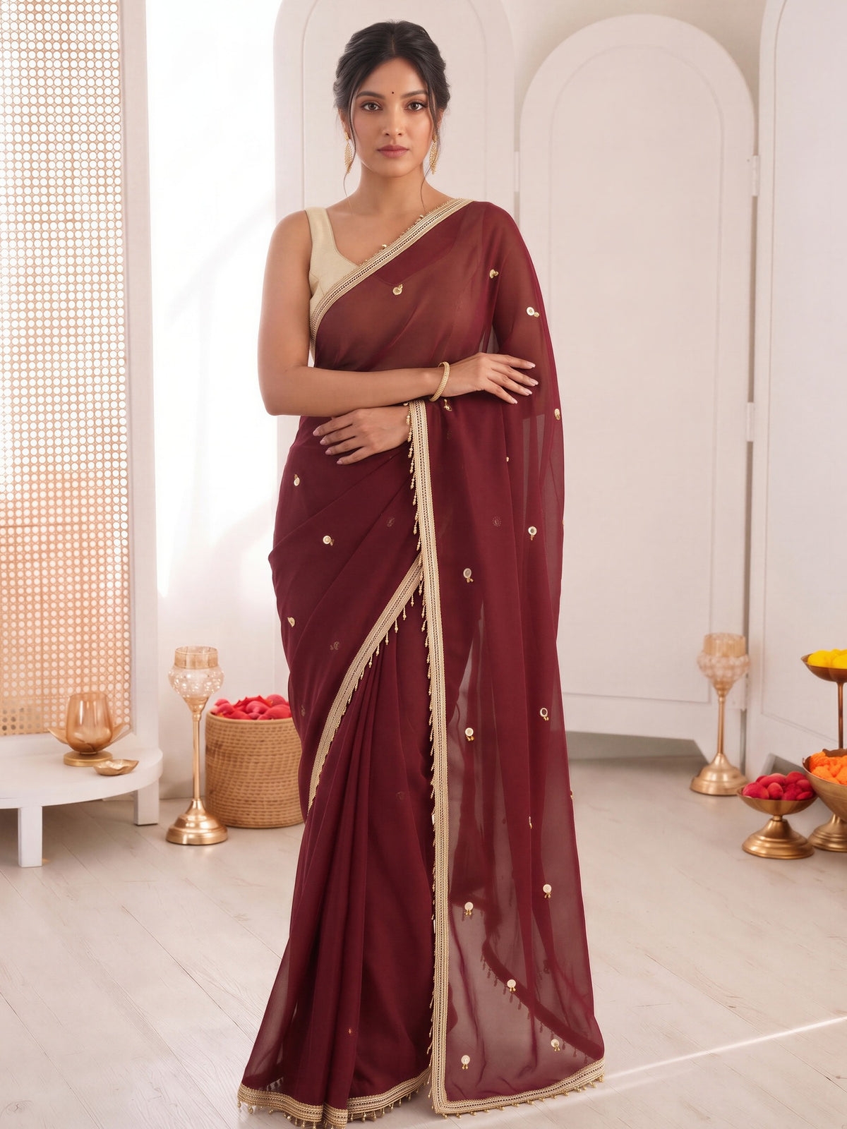Maroon poly georgette saree view 3