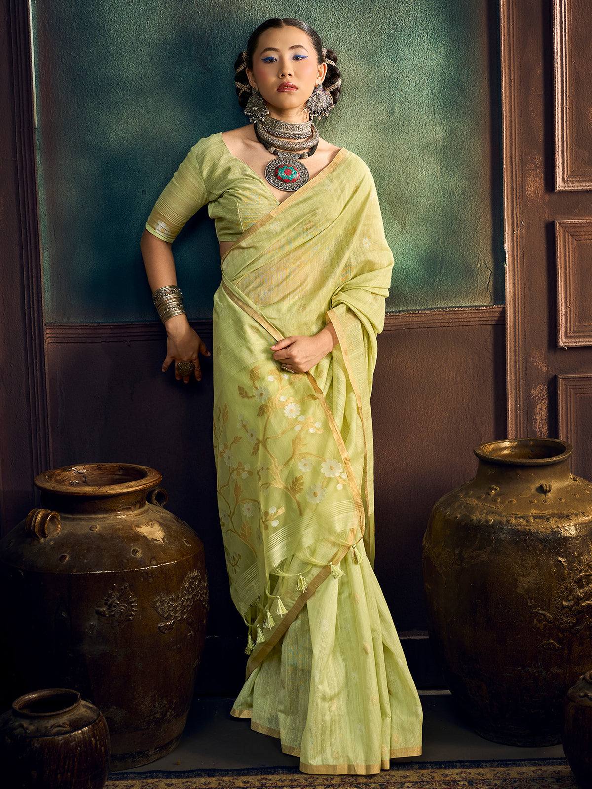 Light Green Muga Cotton saree – detail view 2