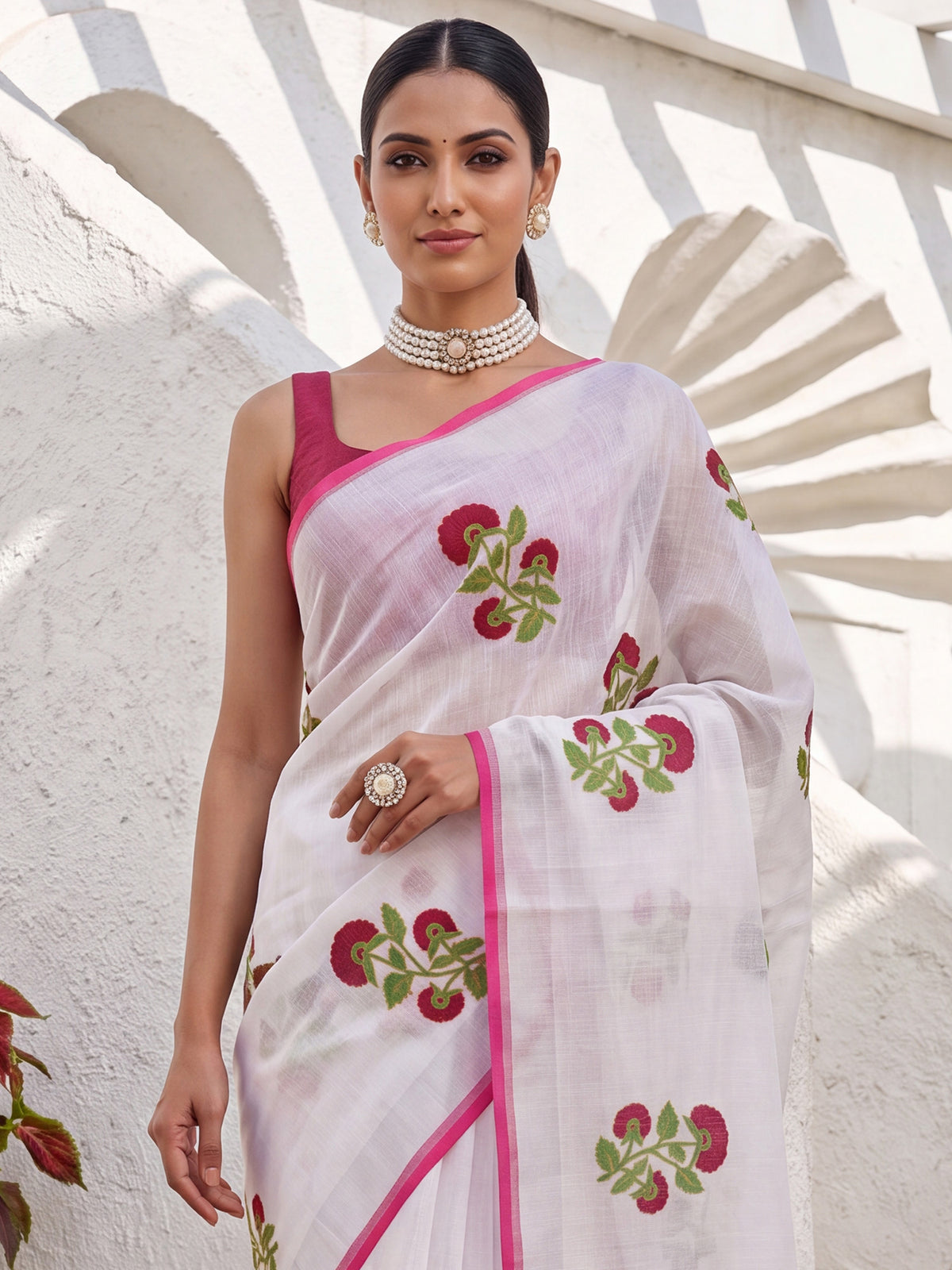 White Cotton Linen saree – detail view 4