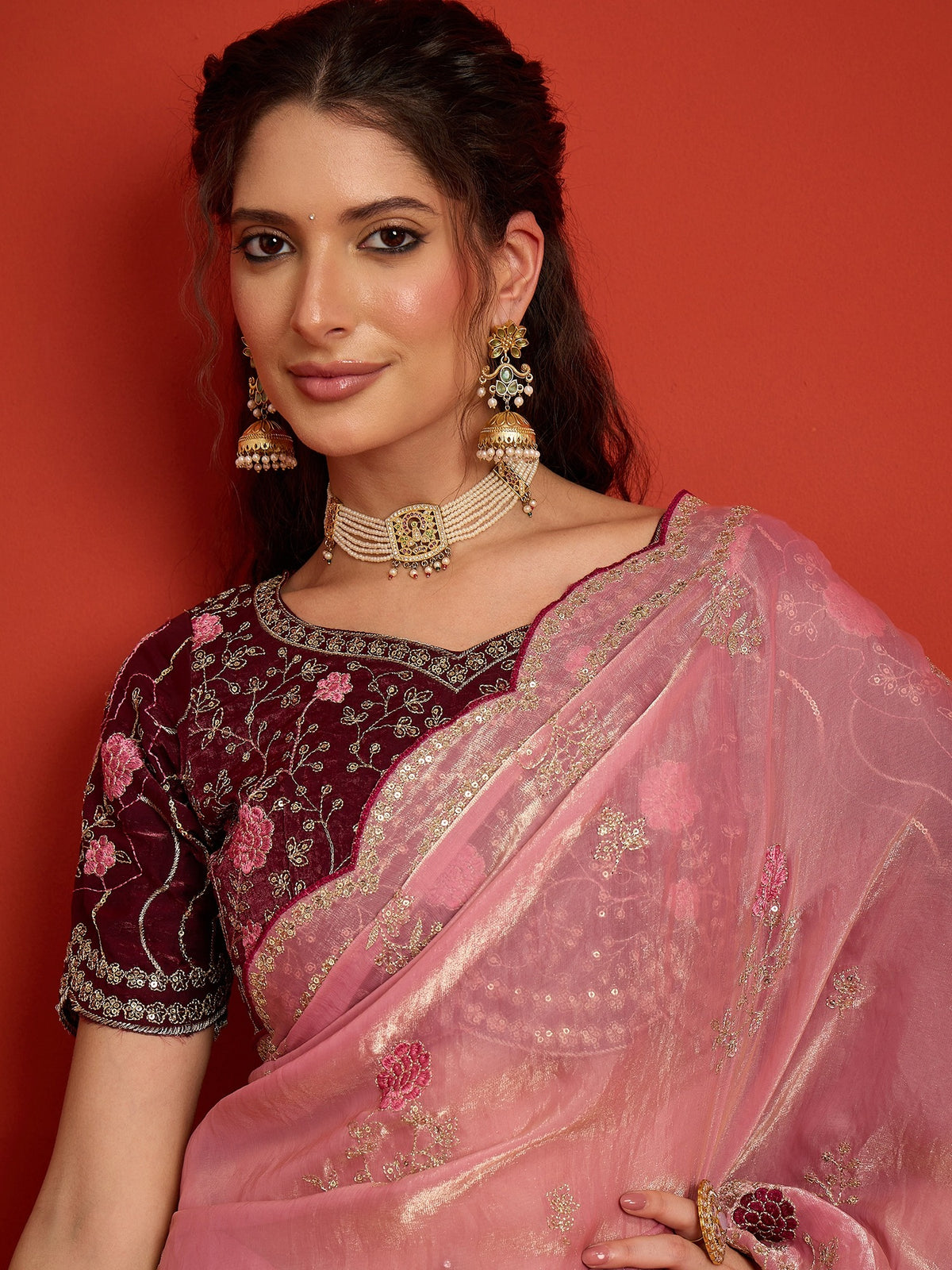 Pink Satin Silk saree – detail view 3
