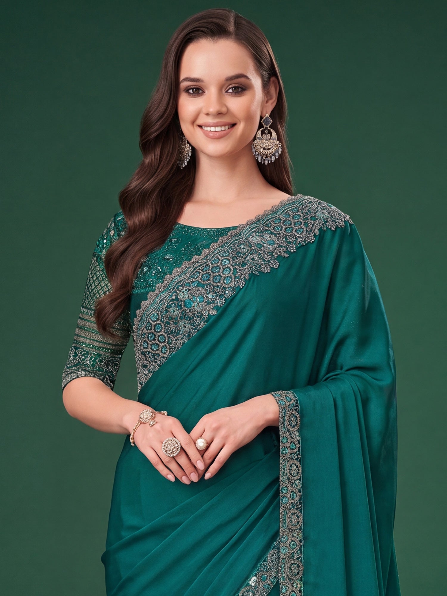 Teal Green Satin Silk saree – detail view 4