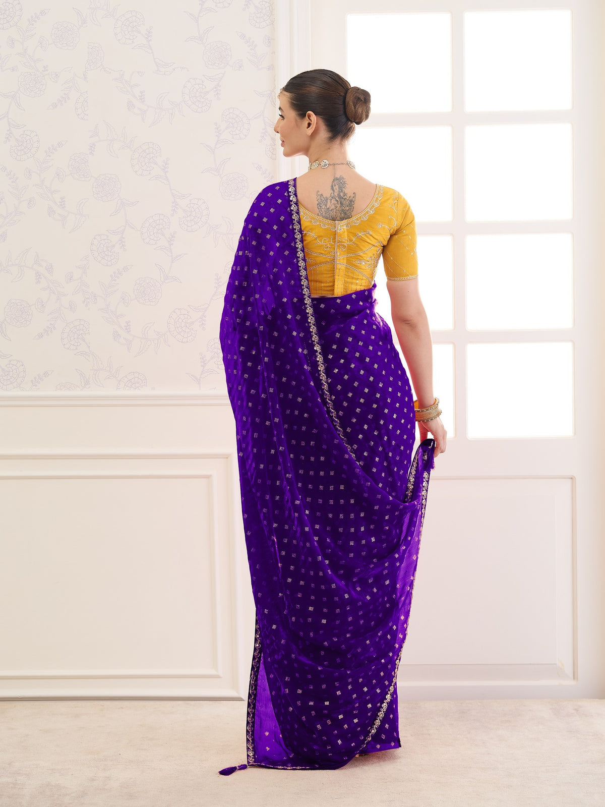 Violet chiffon saree view 4