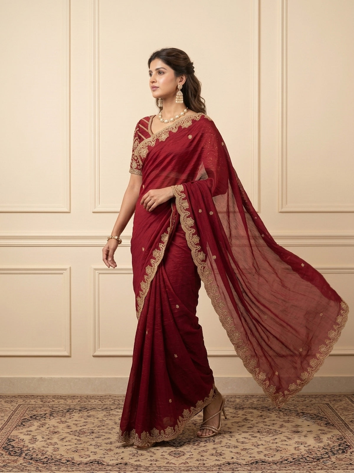 Red Vichitra Silk saree – detail view 1