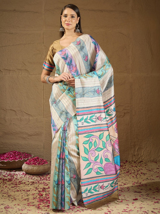 Multicolored kalamkari art silk saree with light brown blouse piece