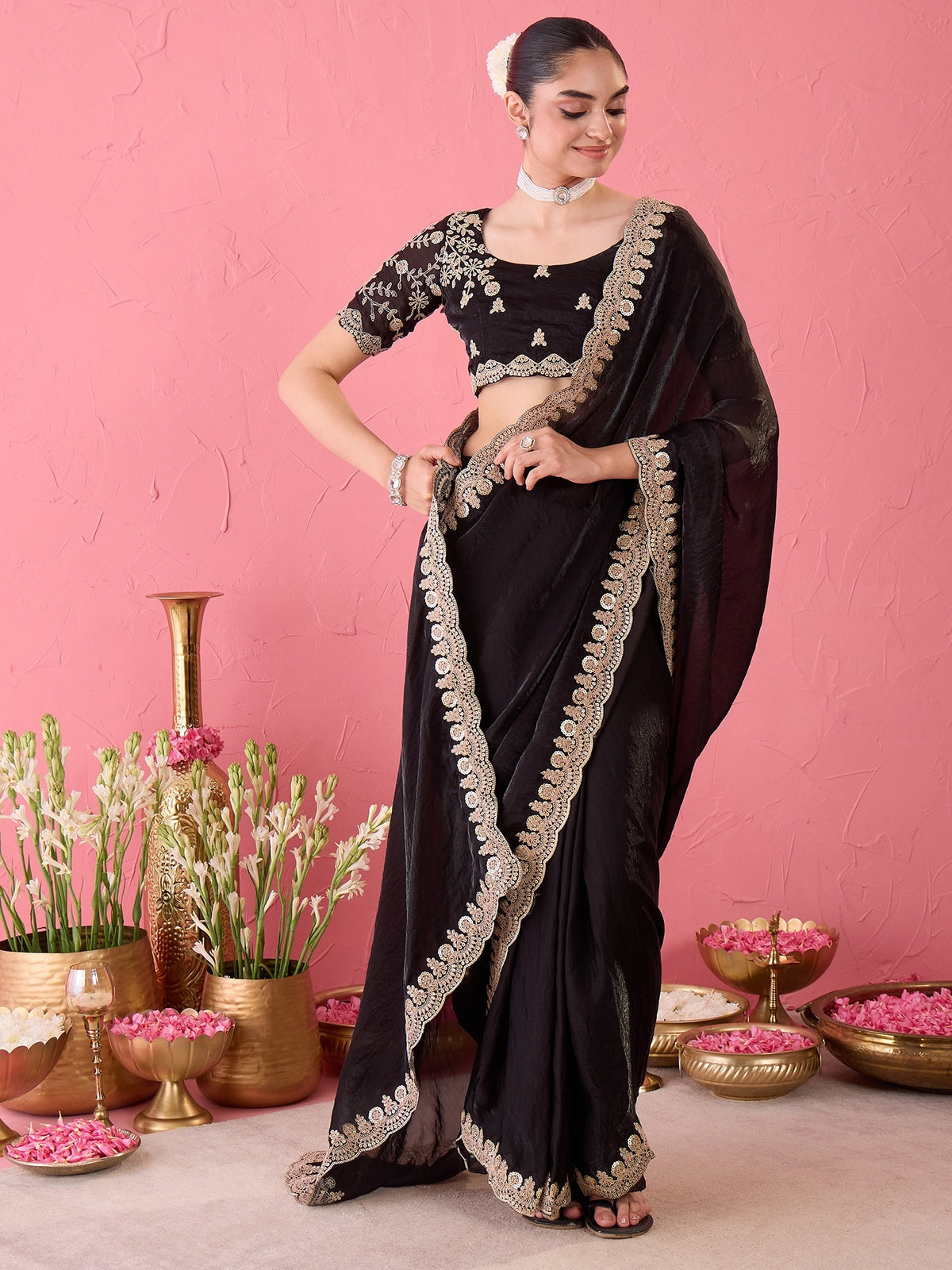 Black Satin saree – detail view 2