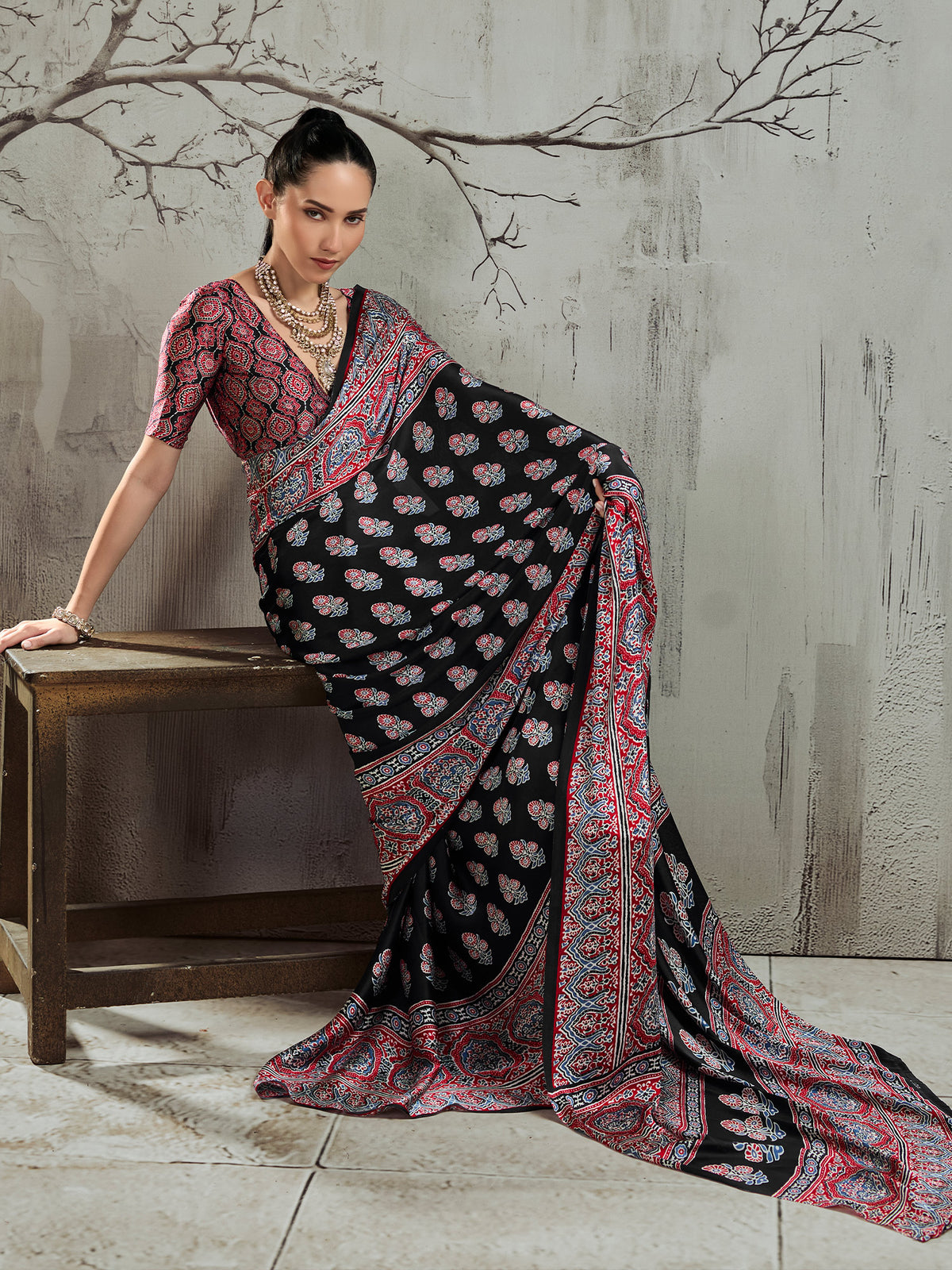 Black satin saree view 3