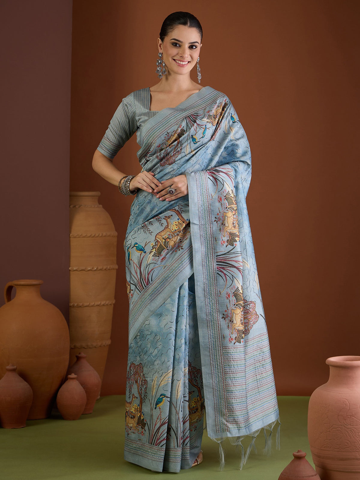 Light Blue ethnic motif art silk saree with light blue blouse piece