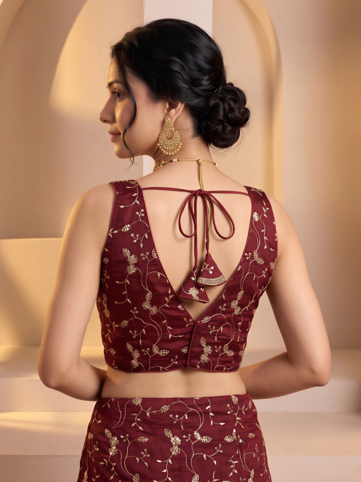 Maroon sequin embroidered vichitra silk sleeveless readymade saree blouse with v neck view 1