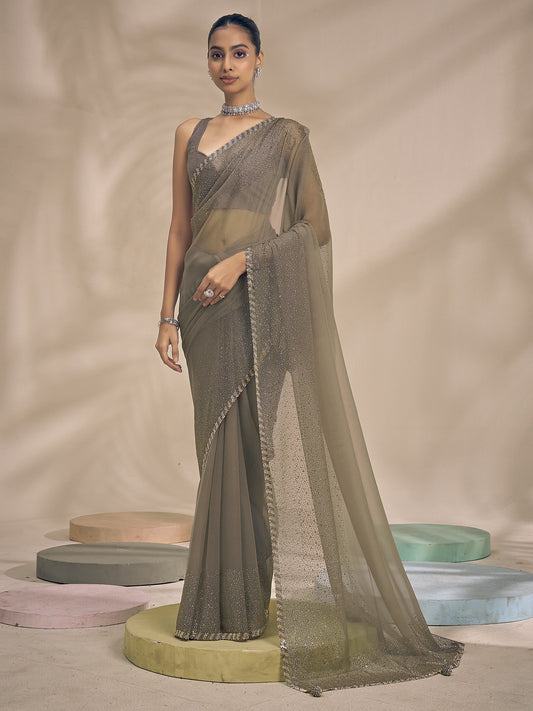 Taupe embellished chiffon saree with taupe blouse piece