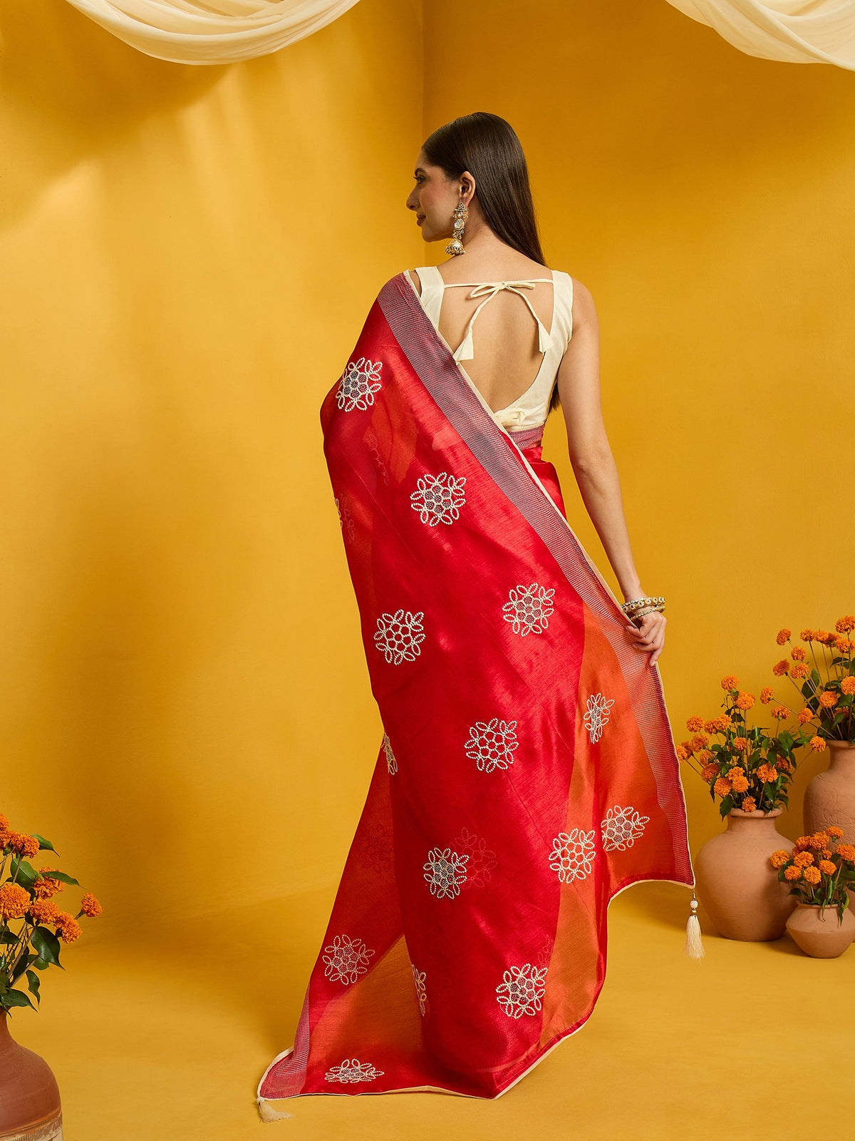 Red Cotton Blend saree – detail view 6