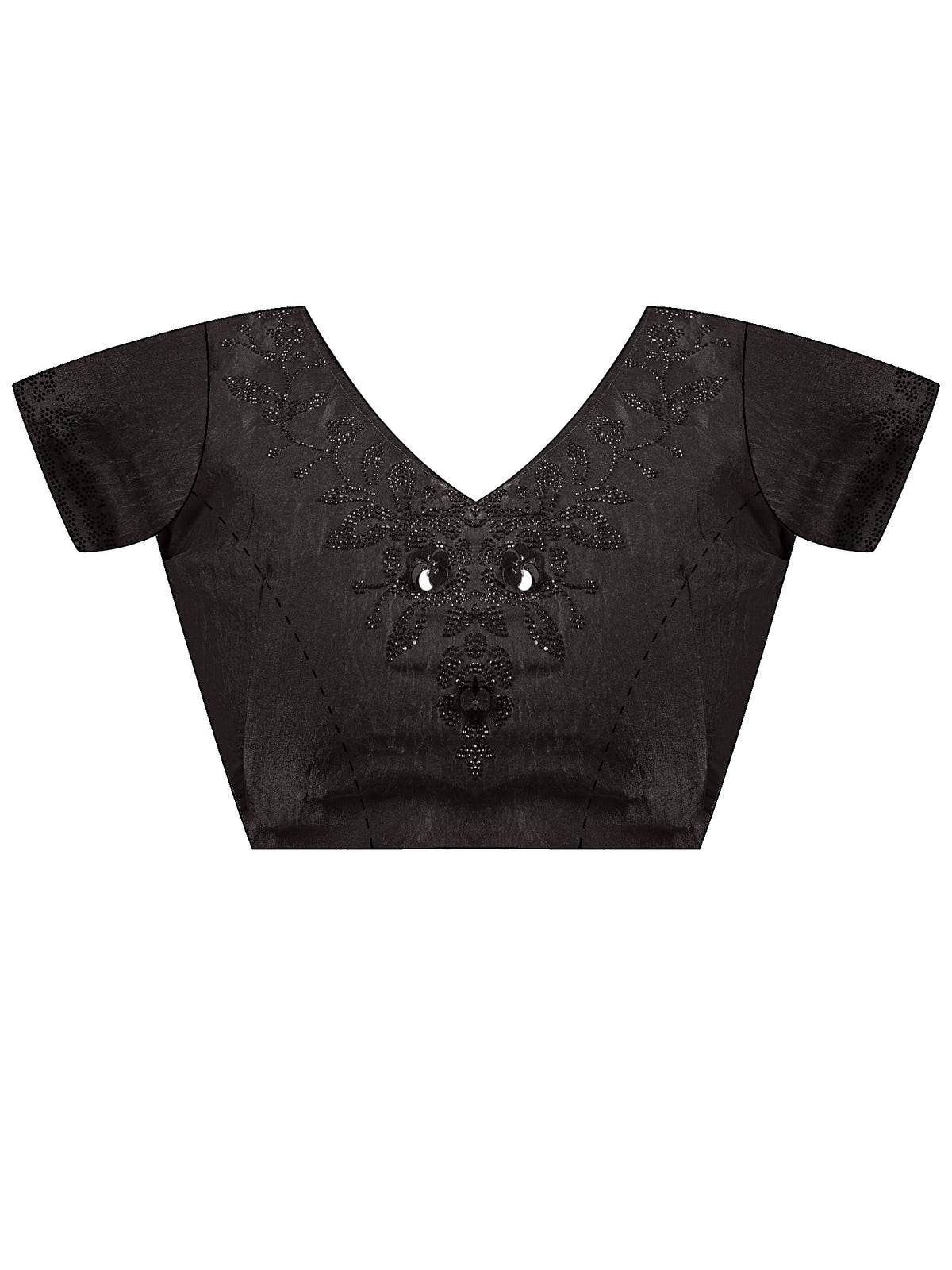 Unstitched black satin silk blouse piece with embellished design