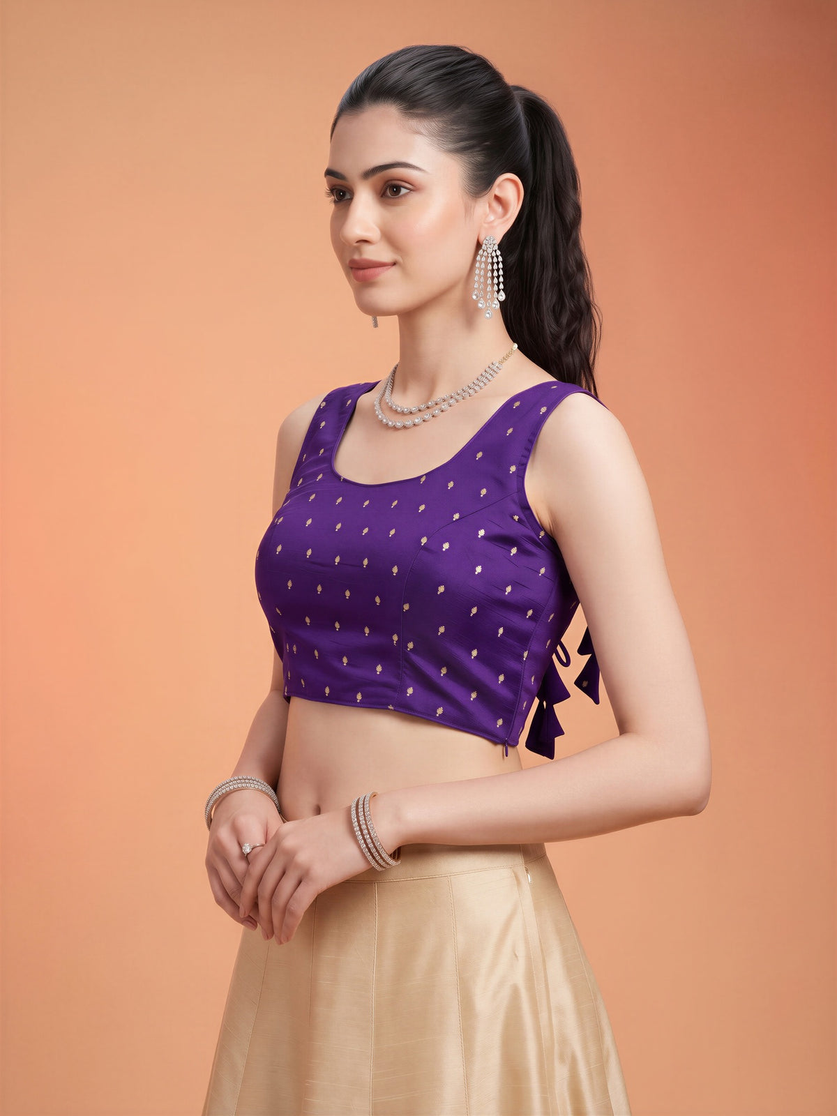 Violet sequin embellished silk blend sleeveless readymade saree blouse with round neck view 2