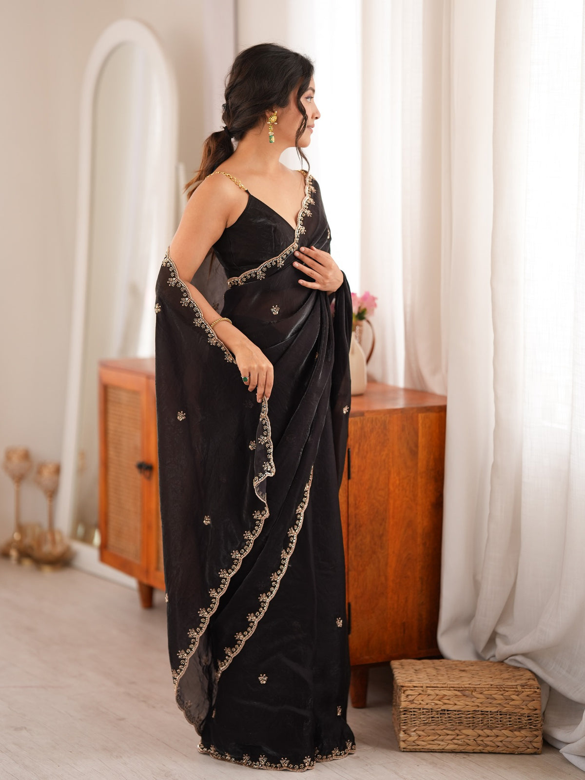 Black Satin saree – detail view 1
