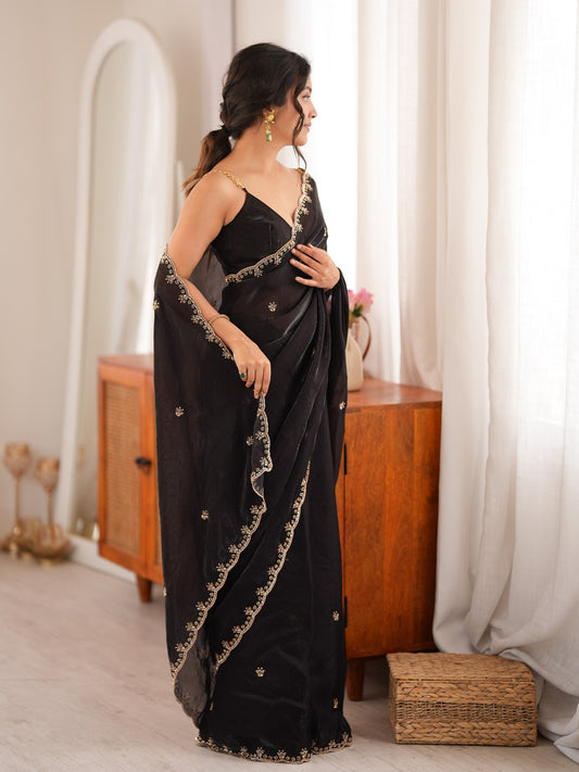 Black Satin saree – detail view 1