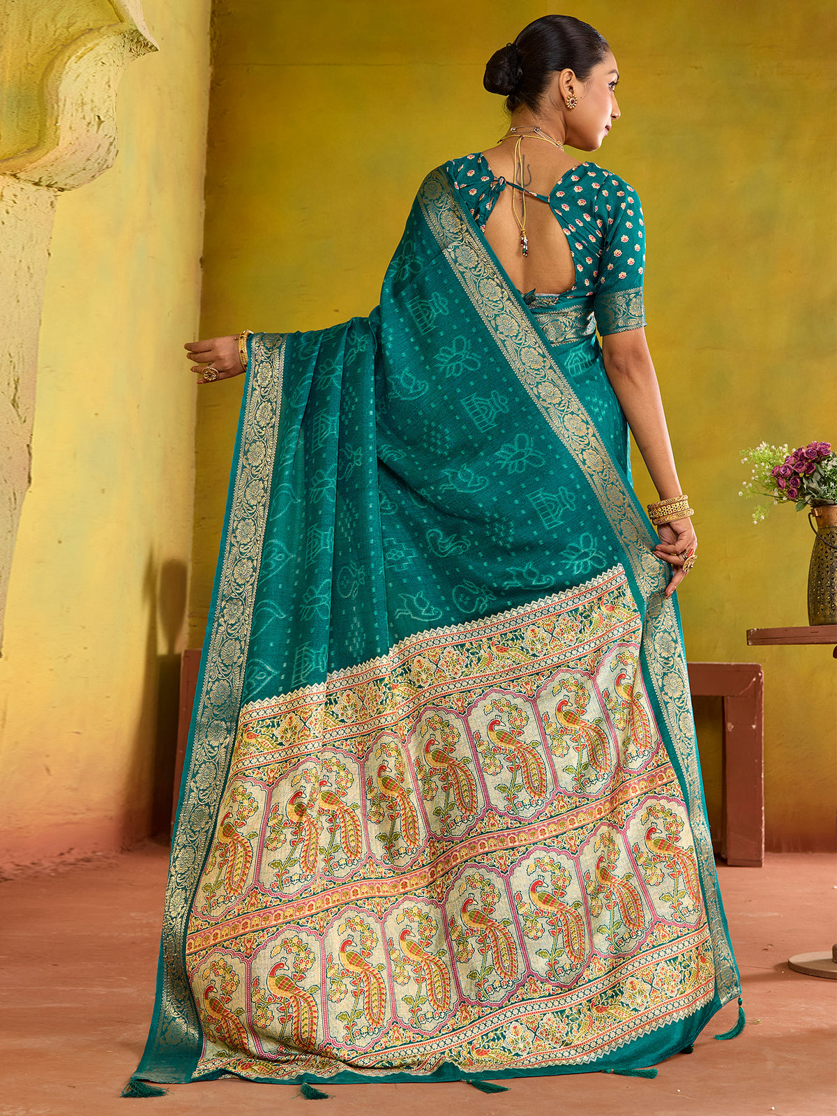 Teal Green tussar silk saree view 2