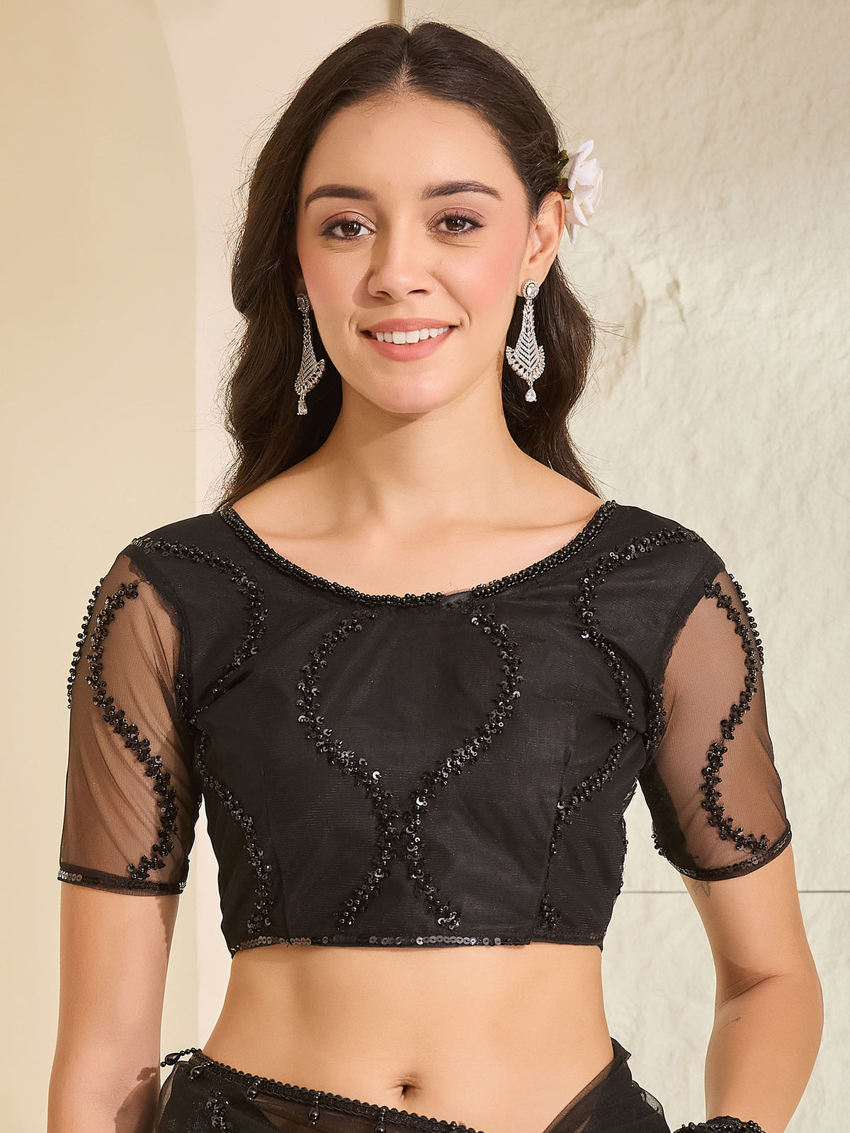 Unstitched black net blouse piece with embellished design