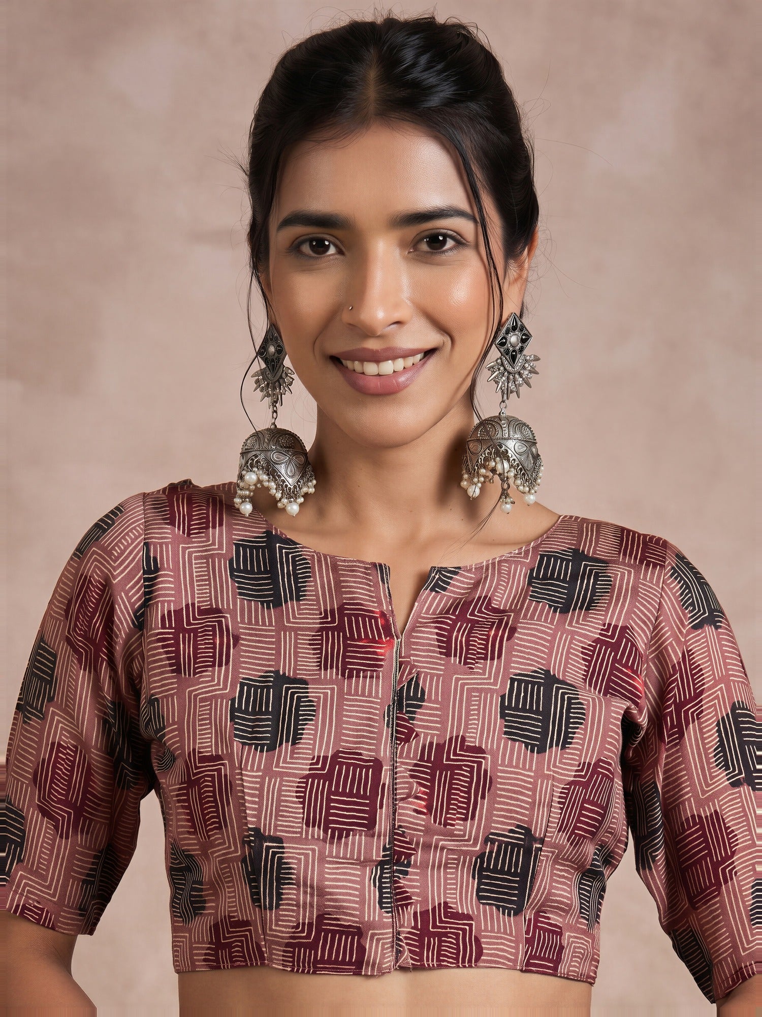 Unstitched rose viscose silk blouse piece with ajrak design
