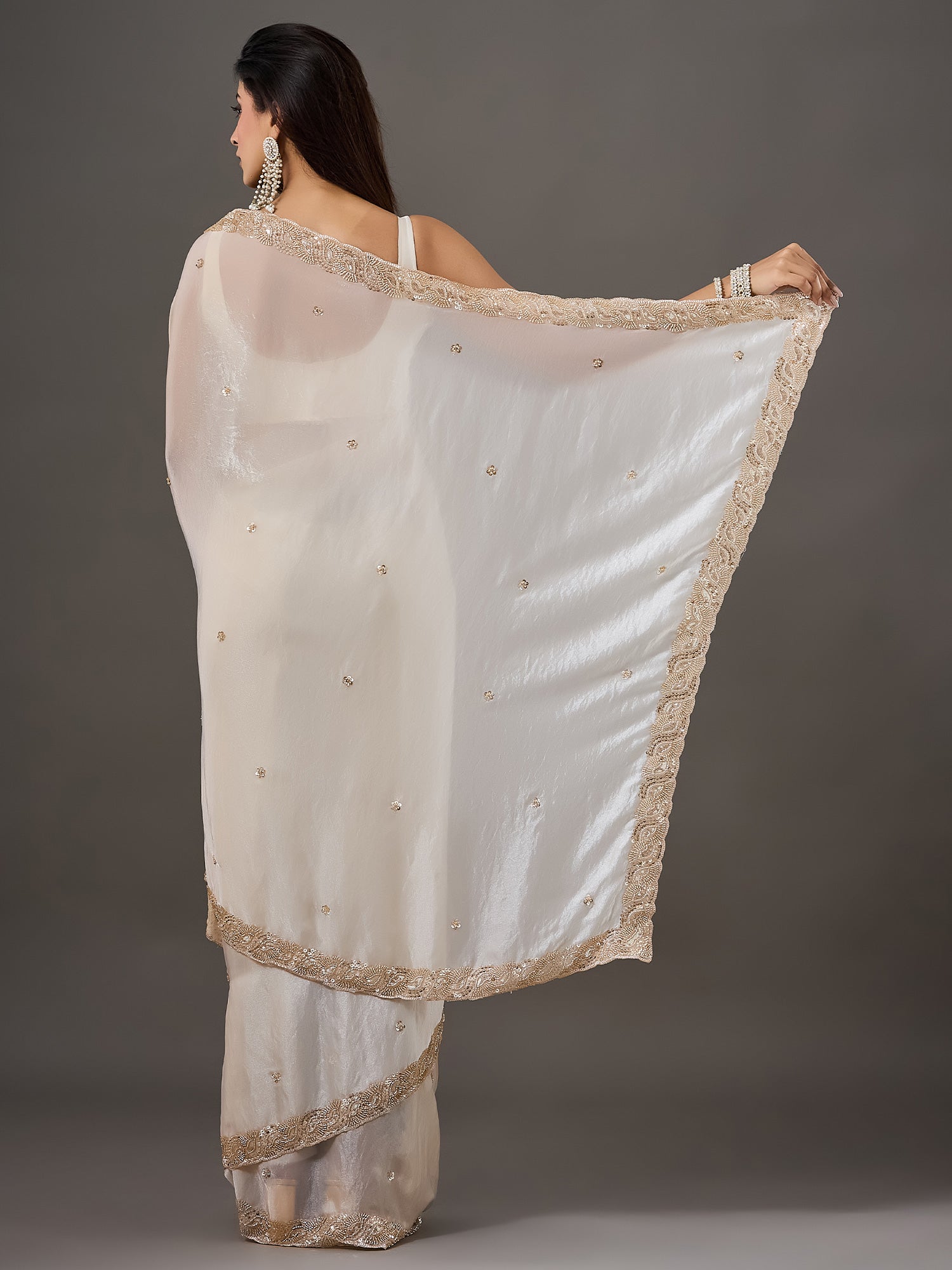 Cream Satin saree – detail view 1