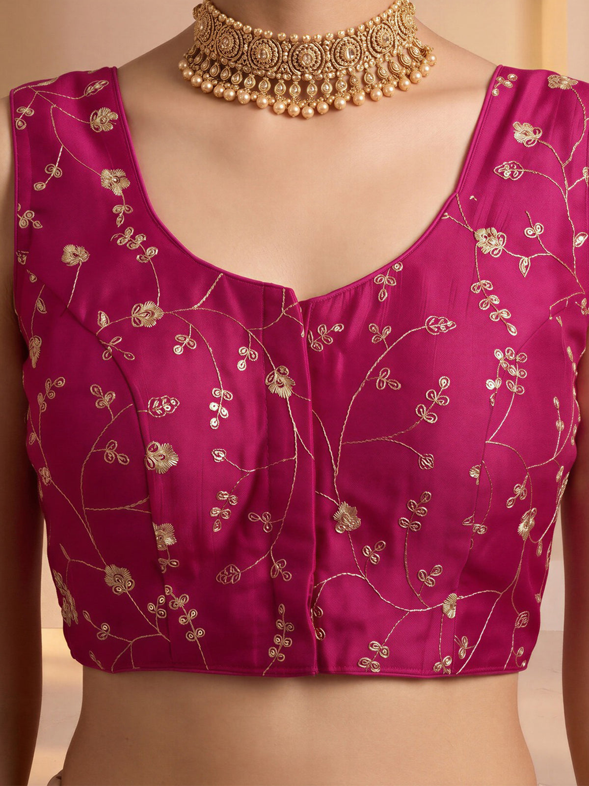 Magenta sequin embroidered vichitra silk sleeveless readymade saree blouse with round neck view 4