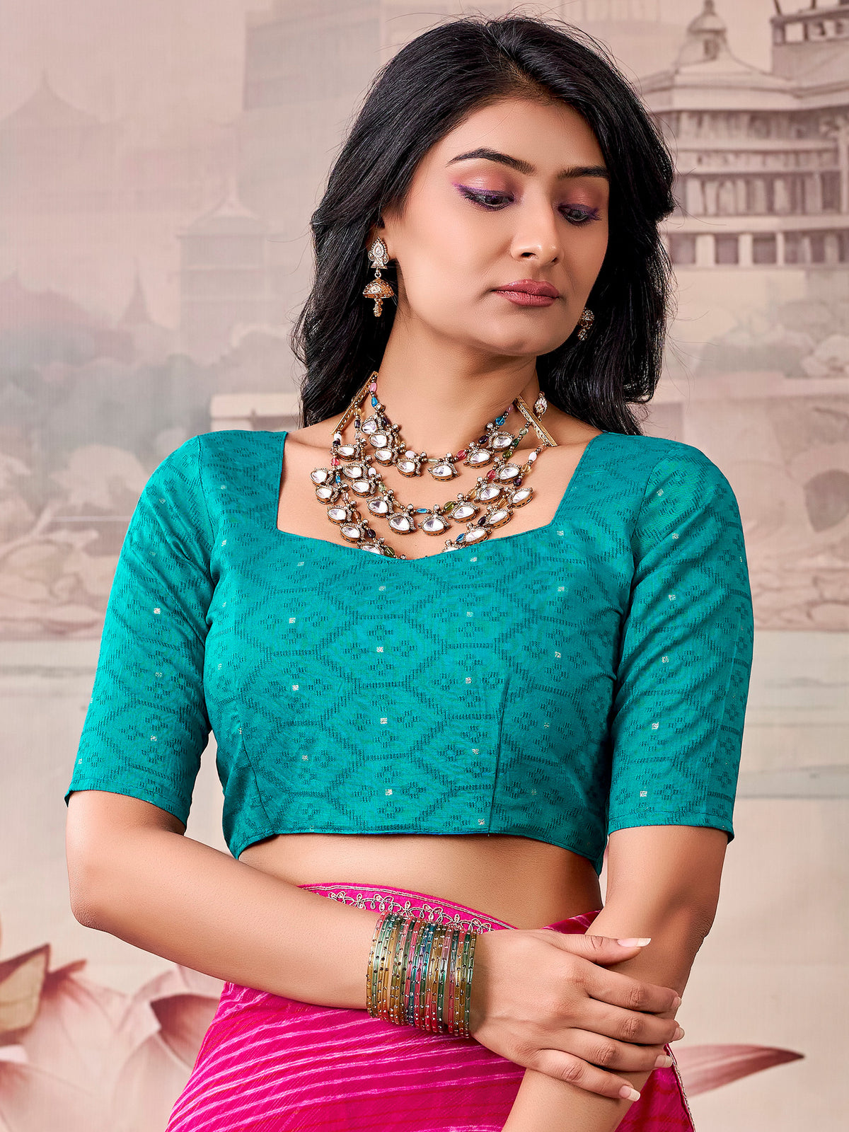 Unstitched turquoise georgette blouse piece with zari butta design