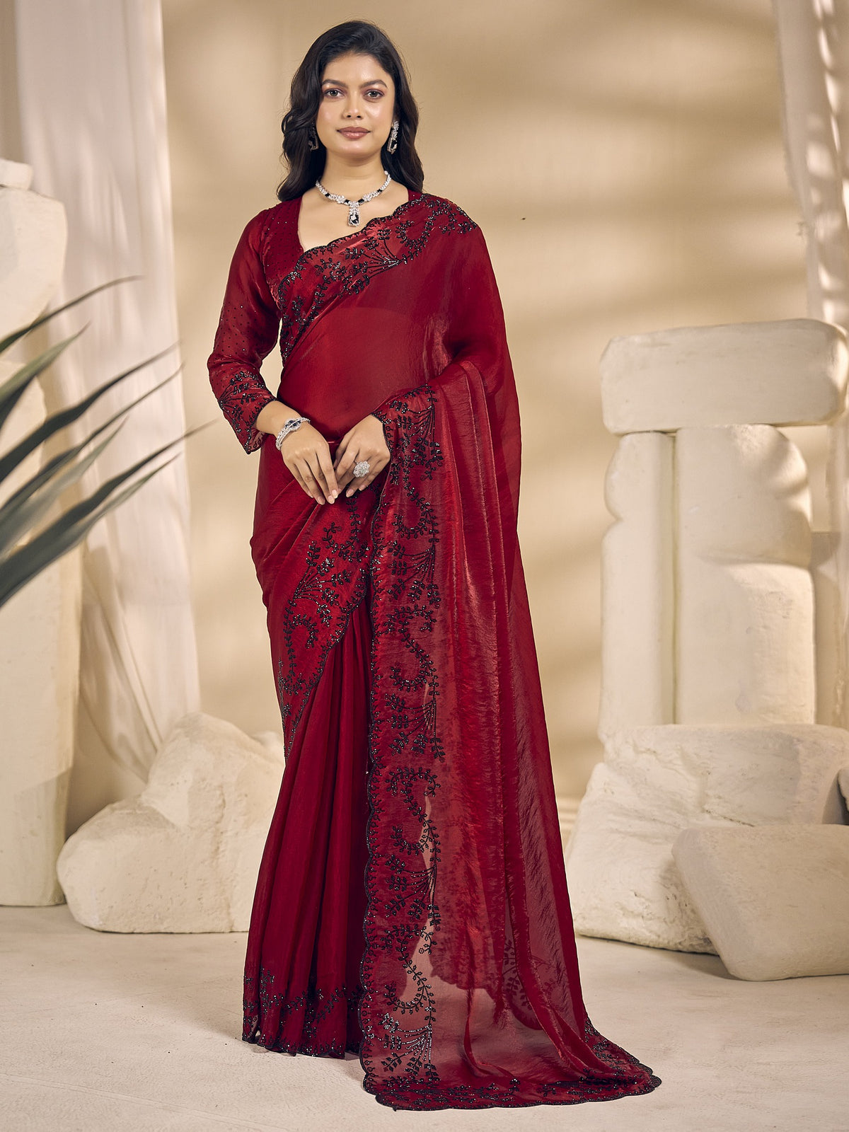 Red embellished satin silk saree with red blouse piece