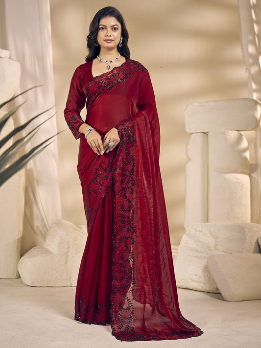 Red embellished satin silk saree with red blouse piece
