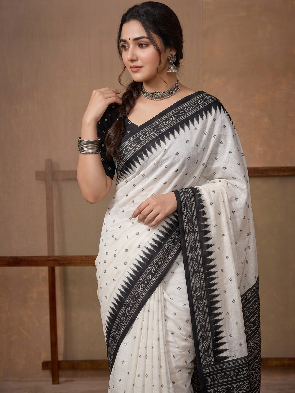Off White tussar silk saree view 3
