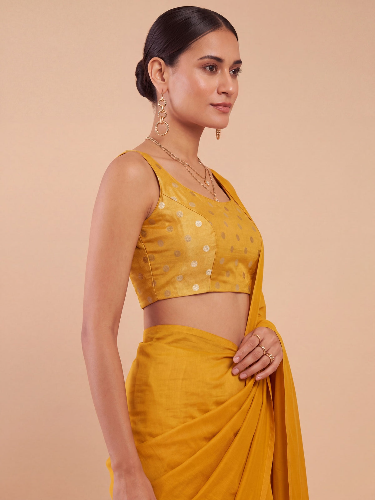 Yellow zari woven georgette sleeveless readymade saree blouse with round neck view 4