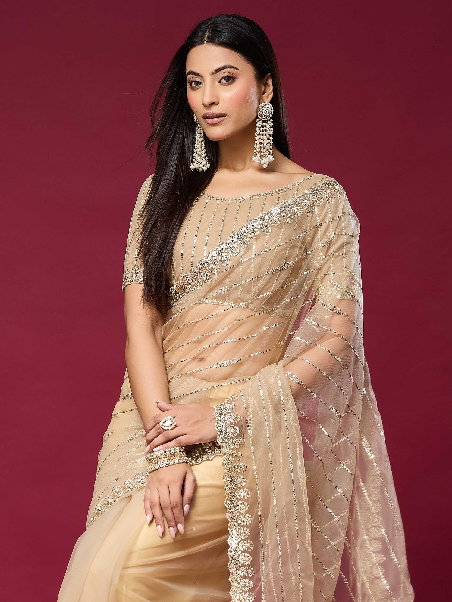 Beige Net saree – detail view 4