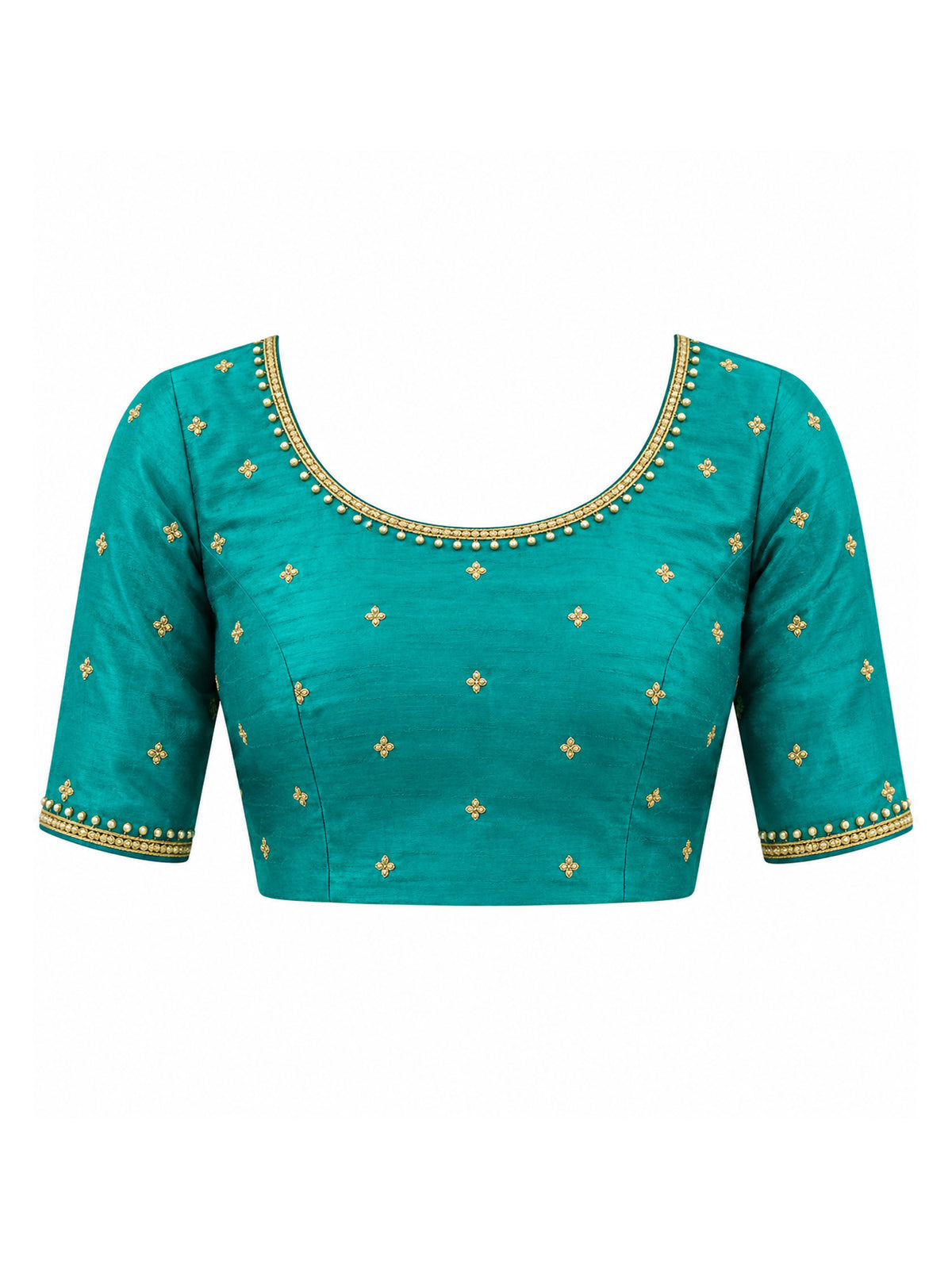 Unstitched teal green banglori silk blouse piece with embellished design