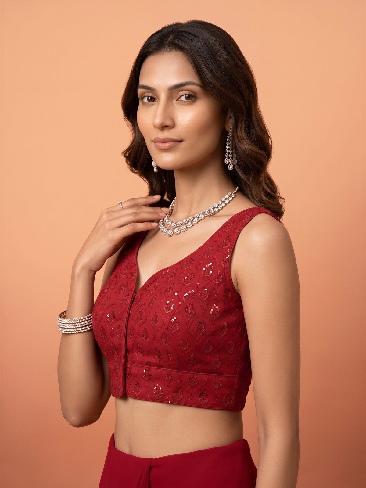 Maroon sequin embroidered georgette sleeveless readymade saree blouse with sweetheart neck view 2