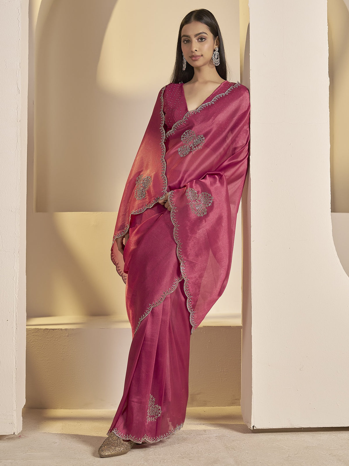 Magenta organza saree view 5