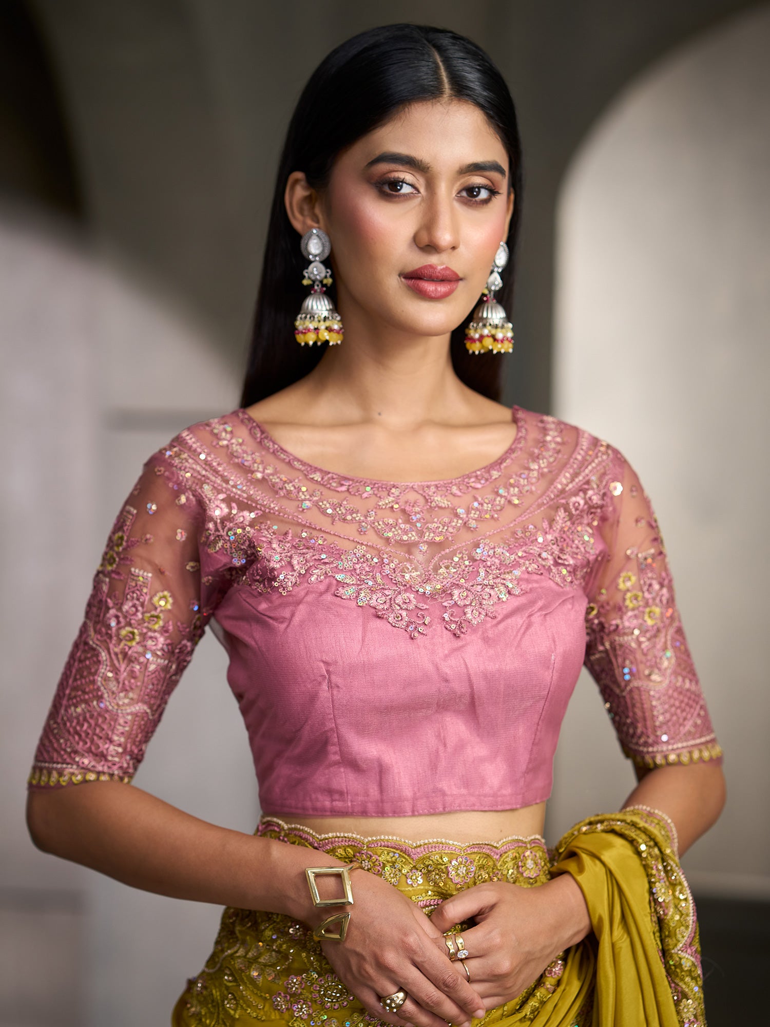 Unstitched pink banglori silk blouse piece with embellished design