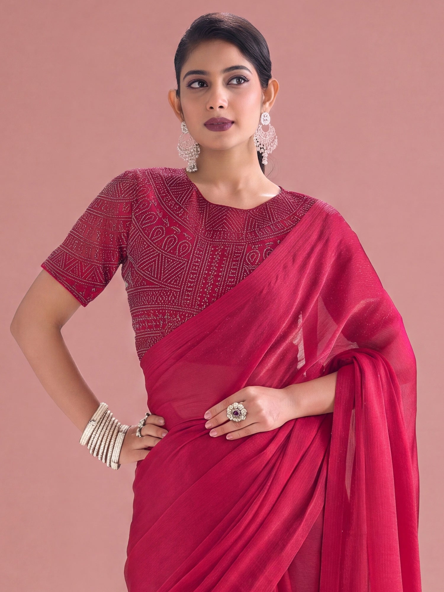 Pink Satin Silk saree – detail view 4
