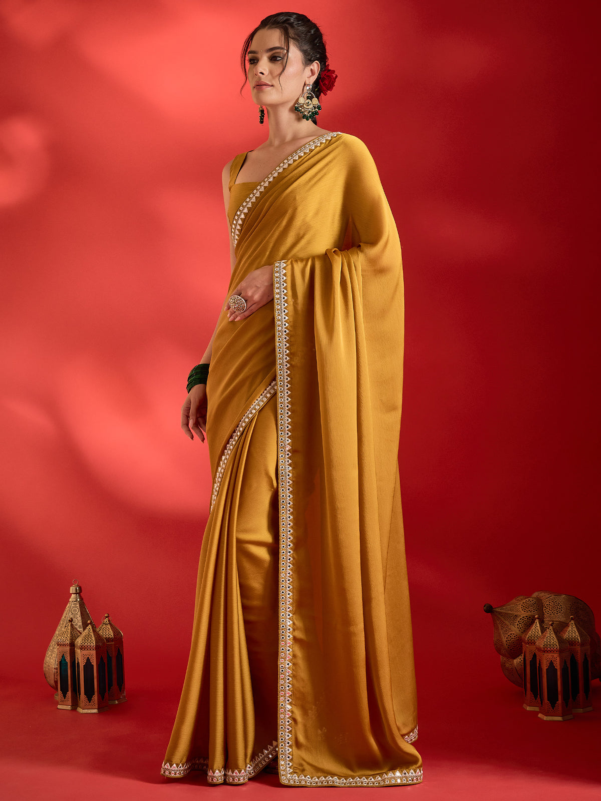 Mustard Satin saree – detail view 2